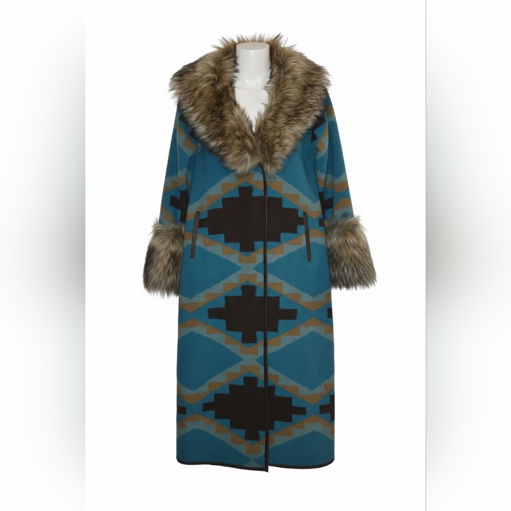 Tasha Polizzi Teal and Brown Cape with Faux Fur Trim